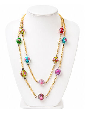 Vintage Lampwork Glass Bead Necklace Double Strand Floral Gold Tone Choker